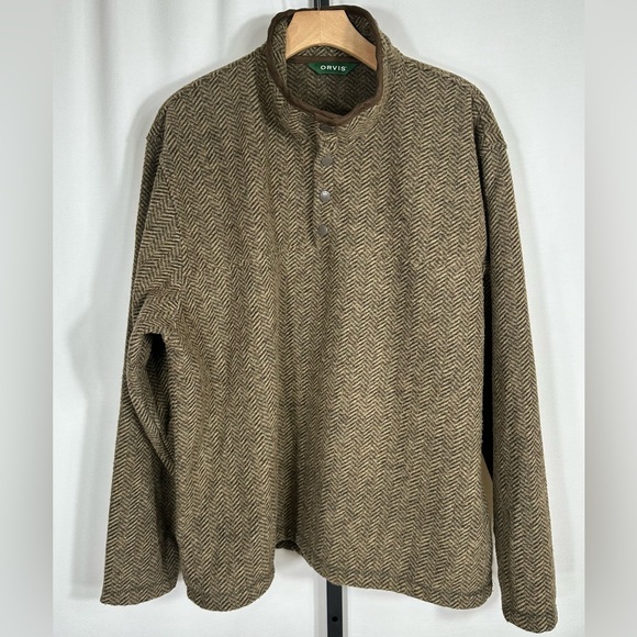 Orvis Herringbone Print Fleece T Snap Sweatshirt Jacket Brown Men’s XL - Picture 1 of 11